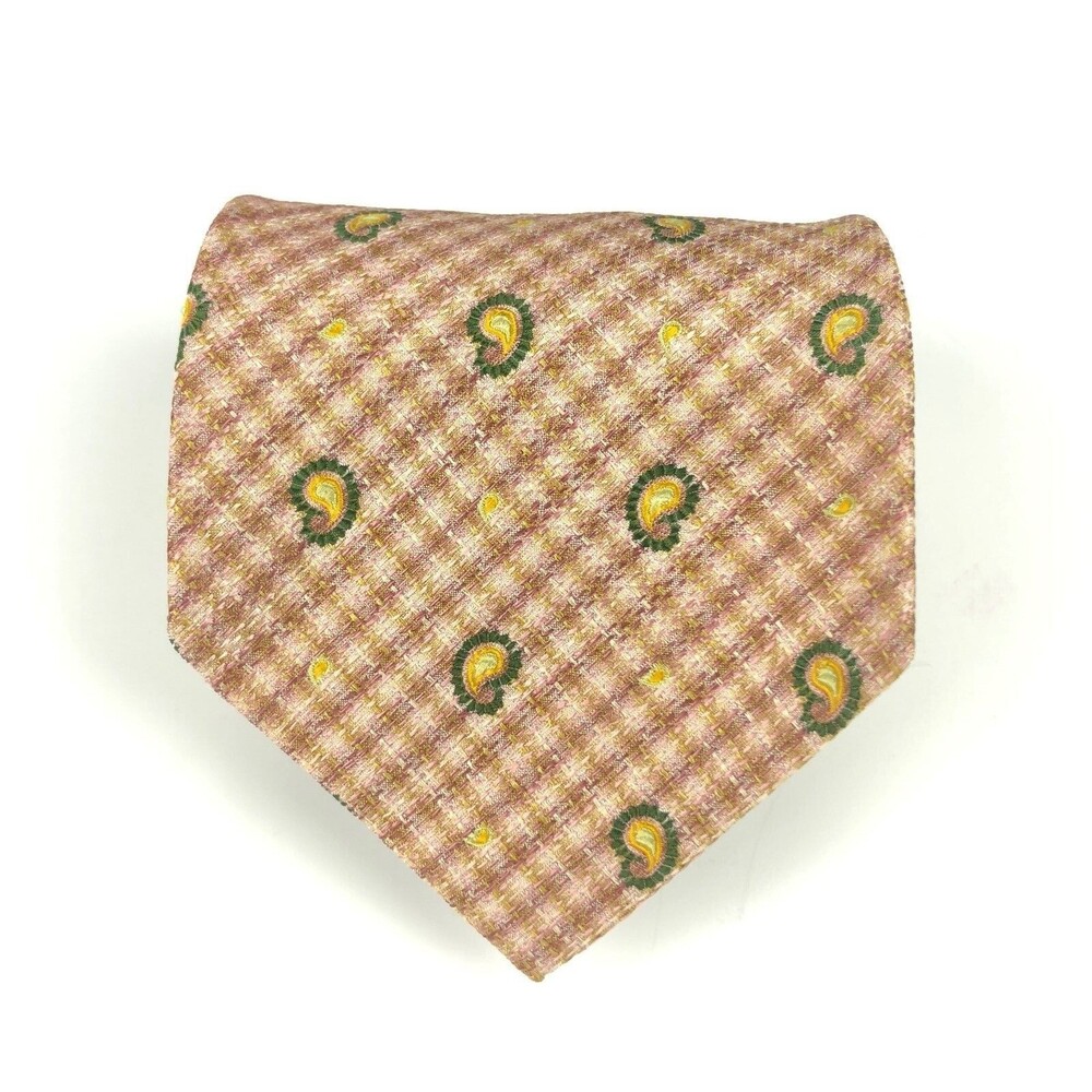 Ermenegildo Zegna 100% Silk Pink Yellow Beige Paisley Necktie Made In Italy